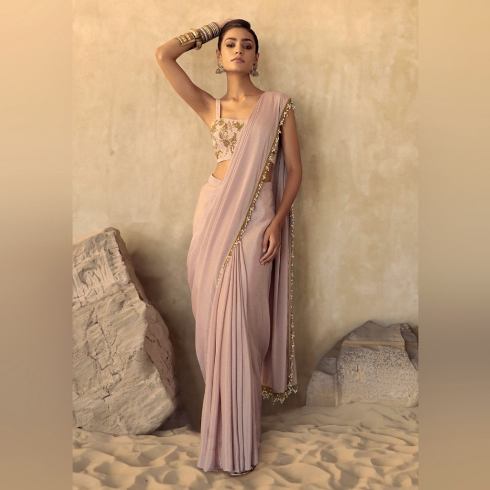 Blush Pink Pre-Stitched Saree Set With Floral Blouse